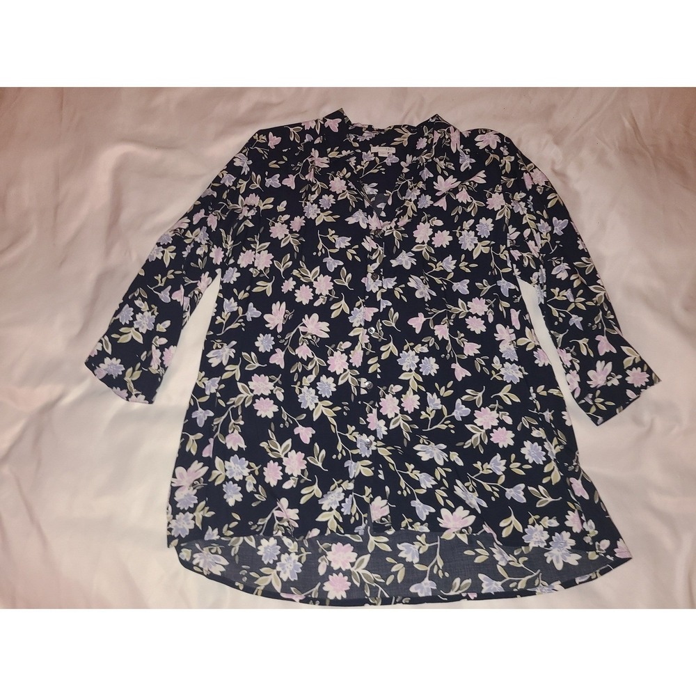 J. Jill Womens Navy Blue Floral Button Down Tunic Top 3/4 Sleeve Size L